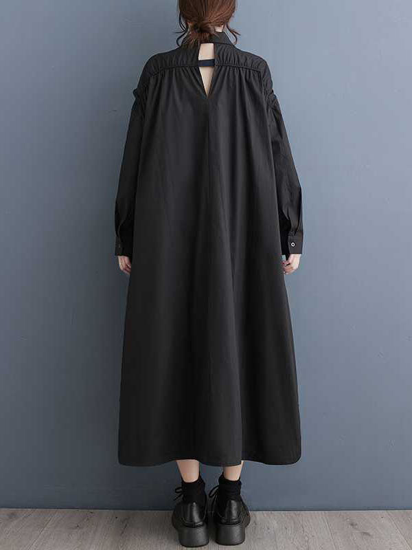 Buttoned Hollow Pleated Pockets Solid Color A-line Long Sleeves Lapel Shirt Dress Midi Dresses