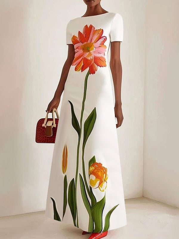 Short Sleeves Flower Print Boat Neck Maxi Dresses