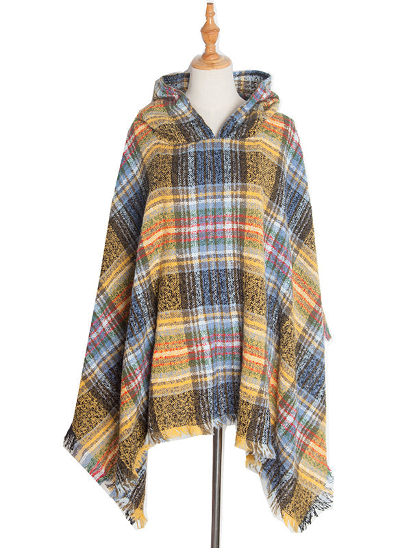 Fringed Hooded Keep Warm Plaid Shawl&Cloak Cape