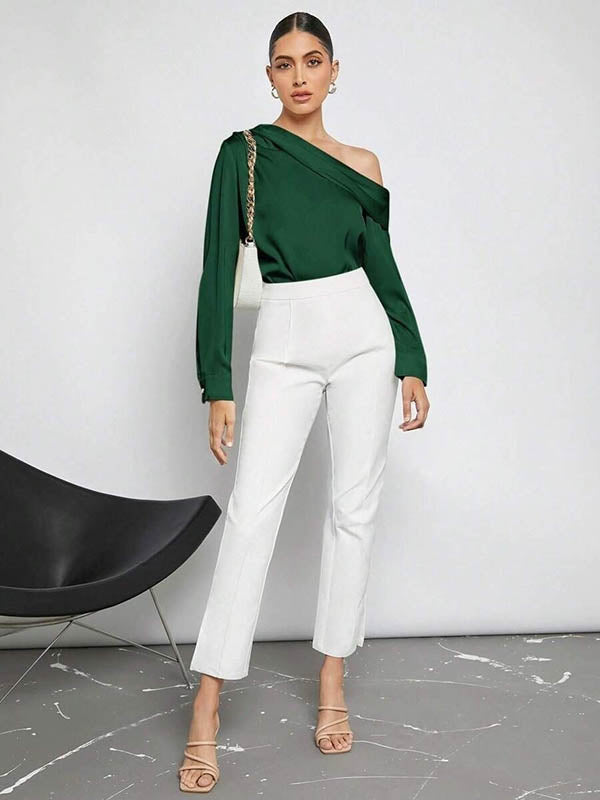 Pleated Solid Color Split-Joint Long Sleeves Skinny One-Shoulder Blouses&Shirts Tops