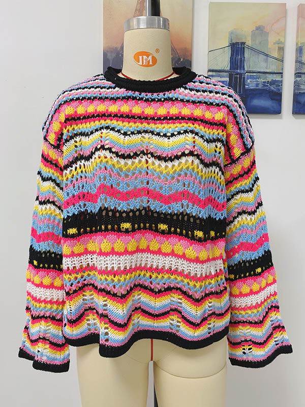 4 Colors Loose Contrast Color Round-Neck Sweater Top