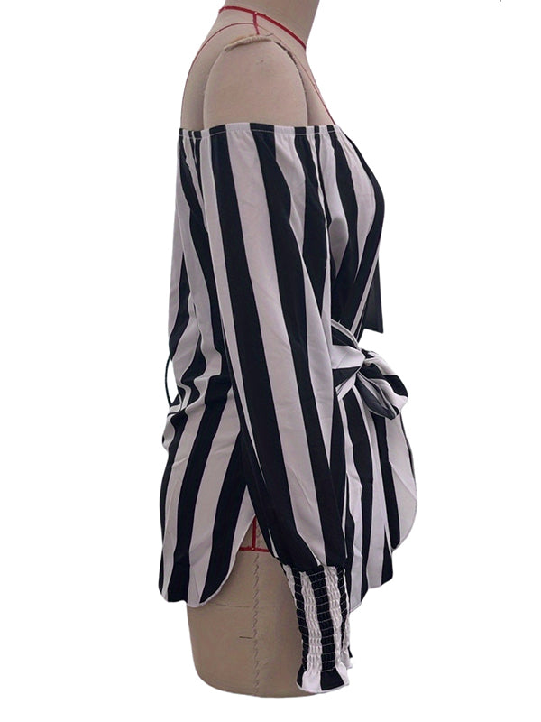 Contrast Color Elasticity Split-Joint Striped Tied Waist Long Sleeves Loose Off-The-Shoulder Blouses&Shirts Tops