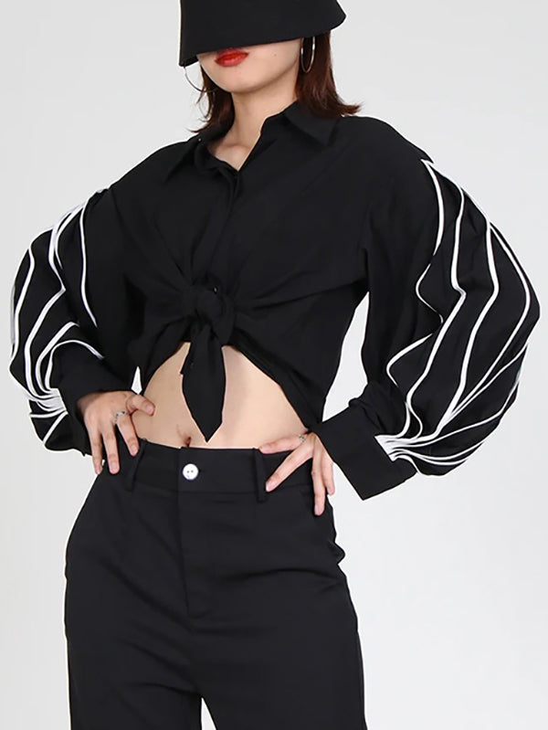 Buttoned Contrast Color Long Sleeves Loose Lapel Blouses&Shirts Tops