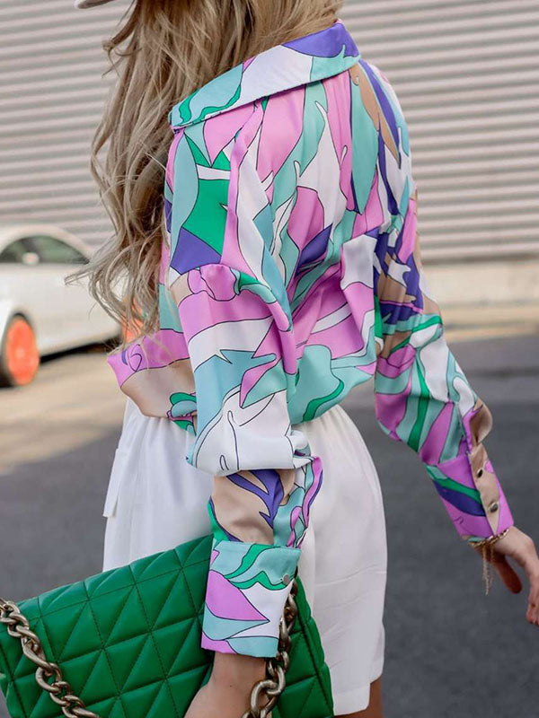 Contrast Color Printed Long Sleeves Loose Lapel Blouses