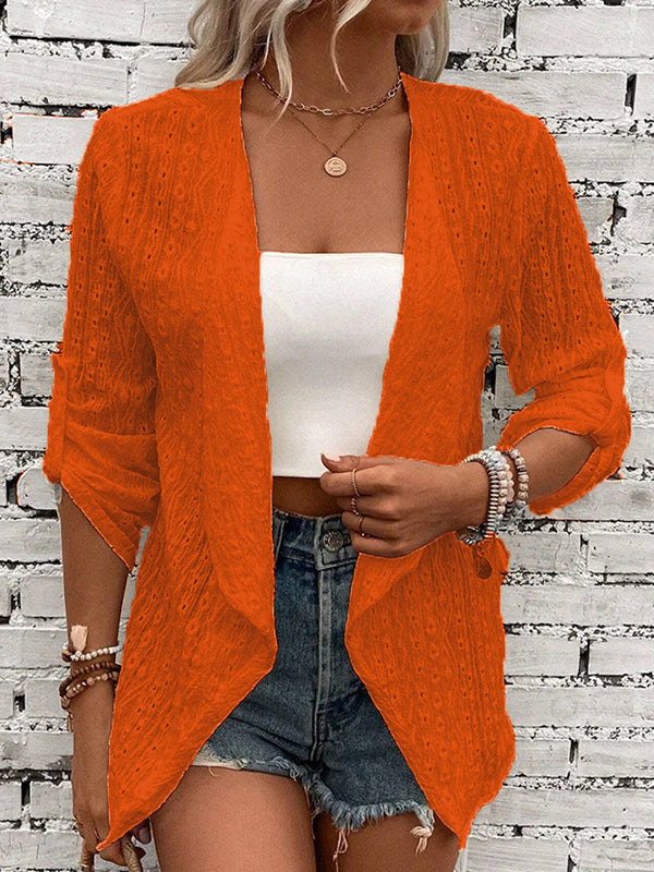 Buttoned Hollow Jacquard Solid Color Long Sleeves Loose Collarless Outerwear