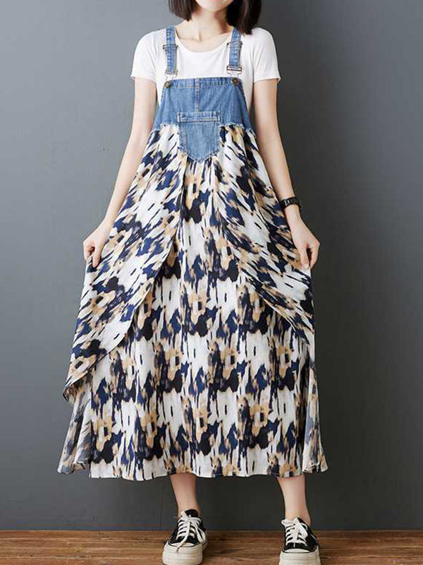 Flower Print Pockets Split-Joint Loose Plus Size Spaghetti-Neck Suspender Dress Maxi Dresses