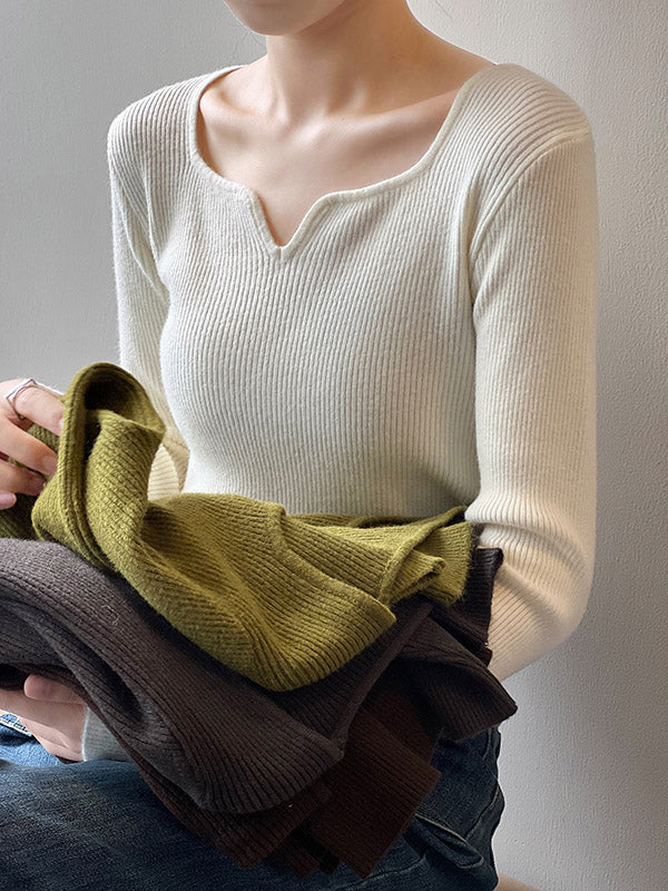 Urban Skinny Long Sleeves Elasticity Solid Color V-Neck Sweater Tops Pullovers