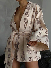Loose  Printed  Long Sleeves Tied Waist Robes + High-Waisted Short Bottom Robes Pajama Sets
