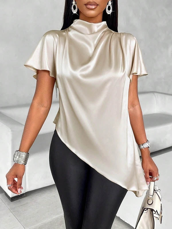 Asymmetric Solid Color Loose Short Sleeves Mock Neck Blouses&Shirts Tops