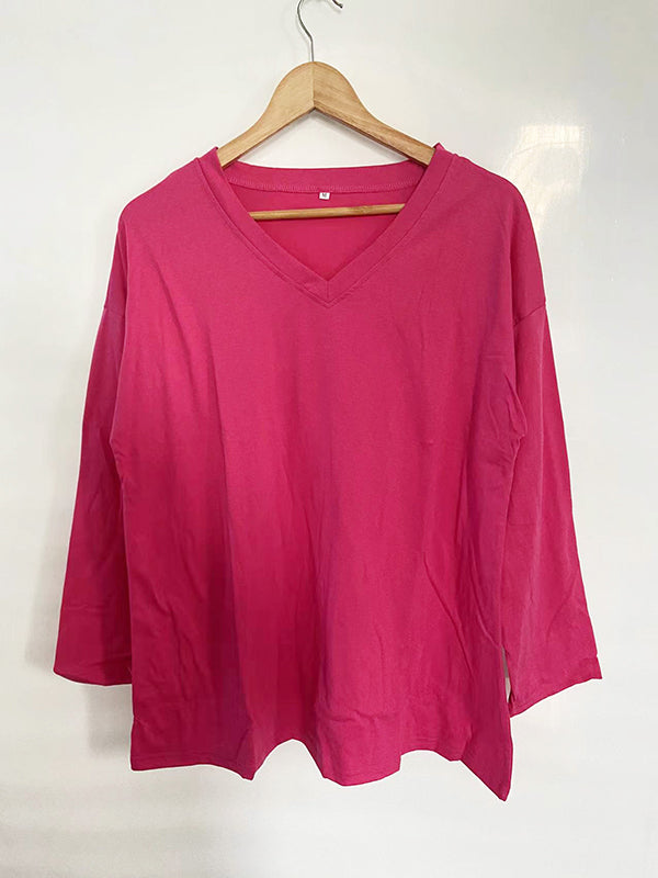 See-Through Solid Color Split-Joint Long Sleeves Loose V-neck T-shirts