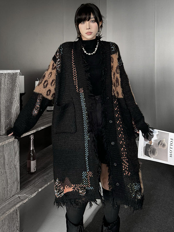 Asymmetric Buttoned Contrast Color Leopard Pockets Split-Joint Hipster Long Sleeves V-Neck Cardigan Tops