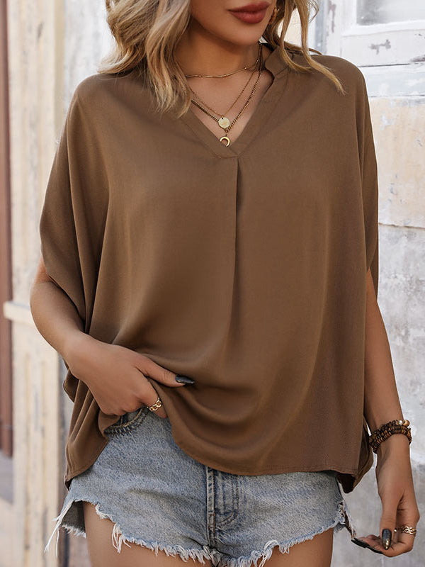 Solid Color Split-Joint Batwing Sleeves Loose V-Neck T-Shirts
