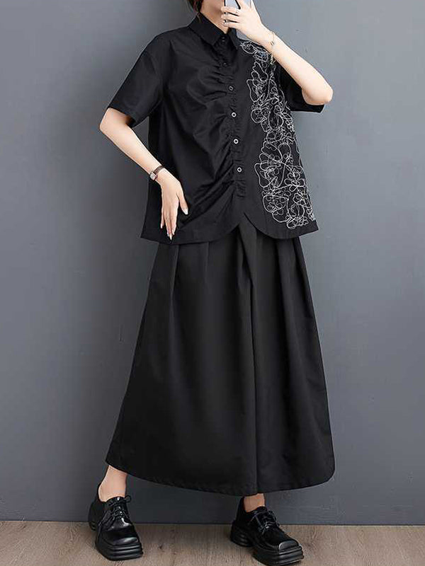 Buttoned Embroidered Pleated Irregularity Loose Lapel Collar Blouses&Shirts Tops