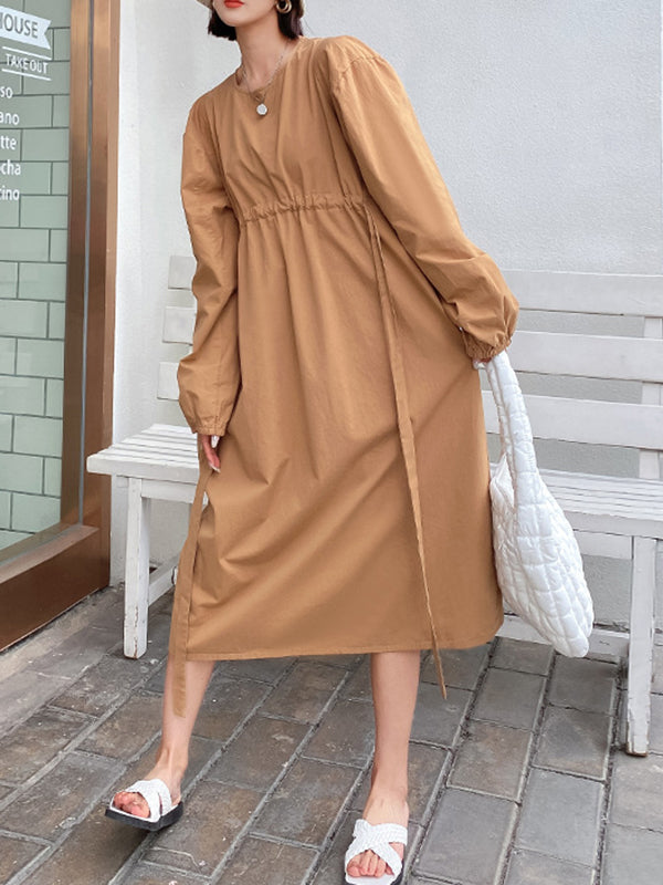 Elasticity Pleated Solid Color A-line Long Sleeves Round-neck Midi Dresses