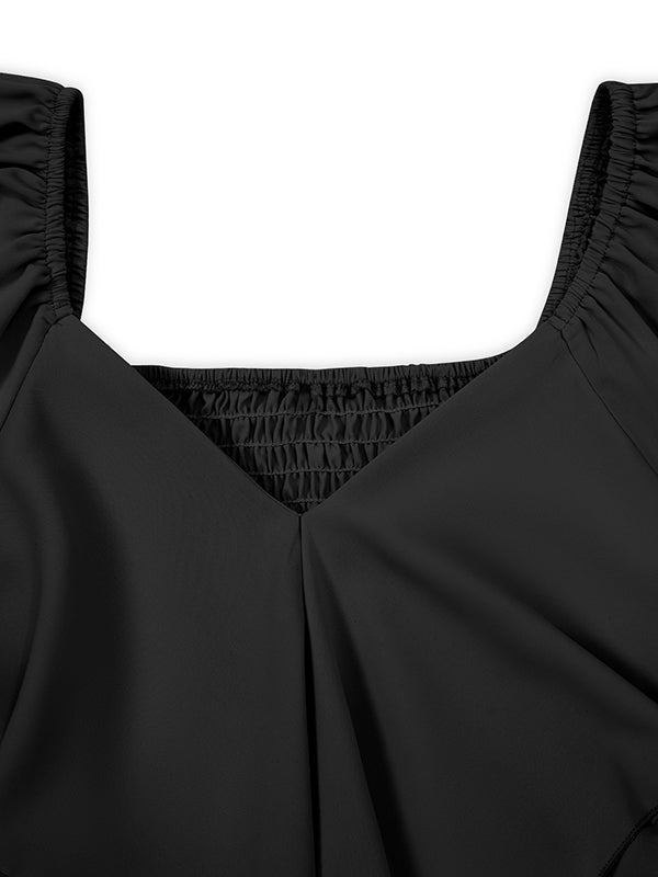 Elasticity Ruffled Solid Color Split-Joint Tied Waist Flared Sleeves Half Sleeves V-Neck Mini Dresses