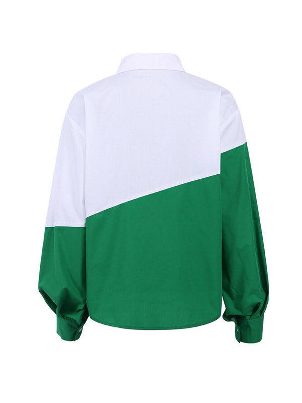 Buttoned Contrast Color Long Sleeves Loose Lapel Blouses&Shirts Tops