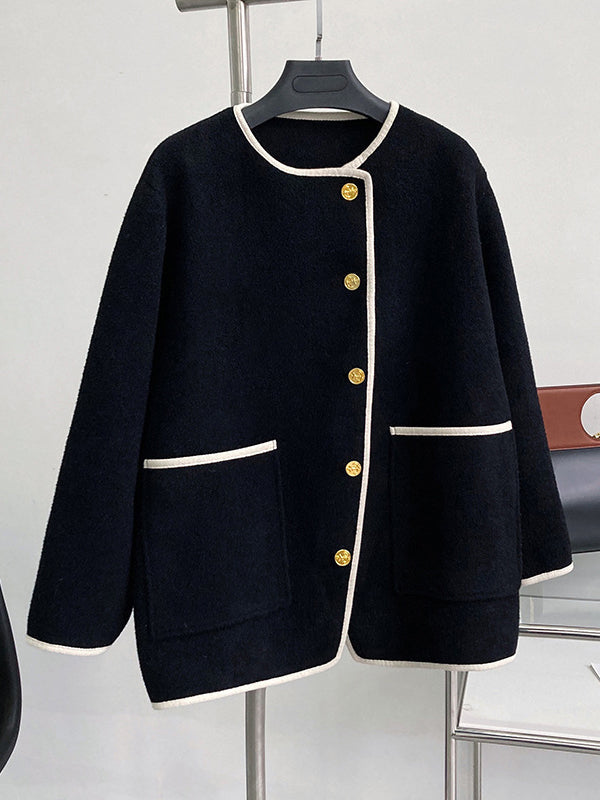 Asymmetric Buttoned Pockets Split-Joint Long Sleeves Loose Round-Neck Woolen Coat