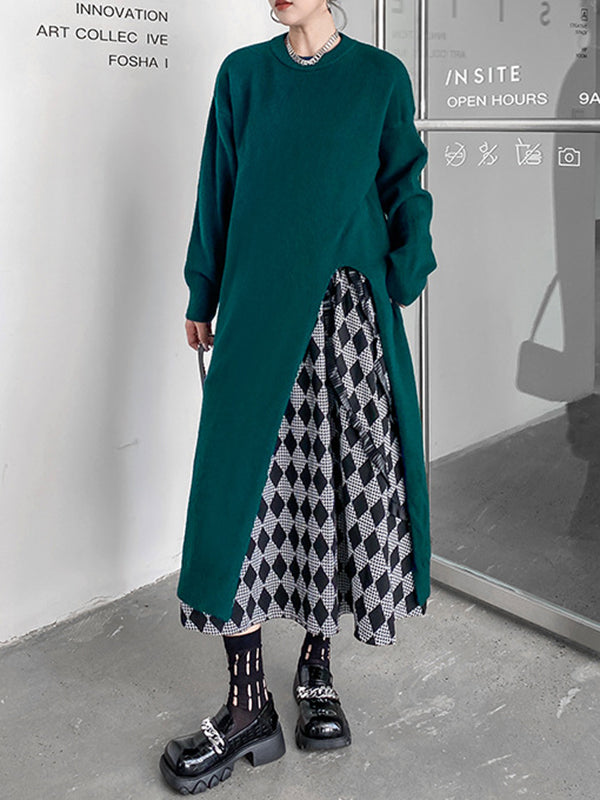 Solid Color Split-side Long Sleeves Loose Round-neck Sweater Tops