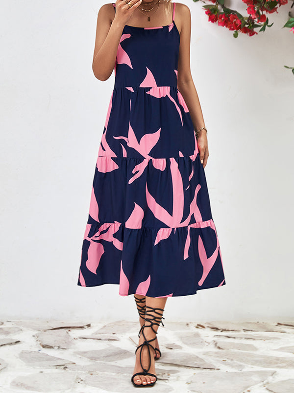 Contrast Color Floral Printed Loose Sleeveless Spaghetti-Neck Midi Dresses