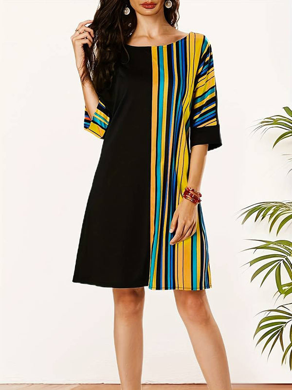 Asymmetric Contrast Color Striped A-line Half Sleeves Round-neck Mini Dresses