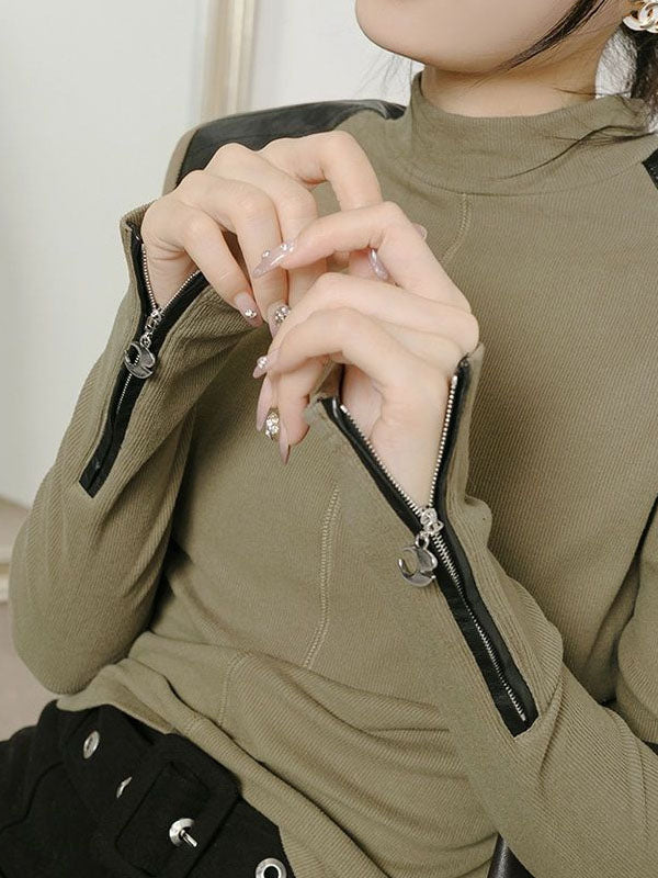Split-Joint Zipper Long Sleeves Skinny High Neck T-Shirts
