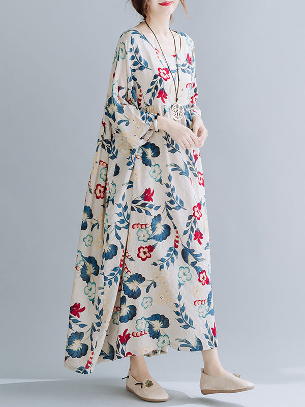 Casual Floral Printed Split-Joint Round-Neck Flared Batwing Sleeves Loose Maxi Dress