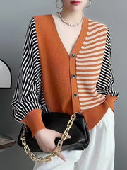 Buttoned Contrast Color Split-Joint Striped Long Sleeves Loose V-Neck Knitwear Cardigan Tops