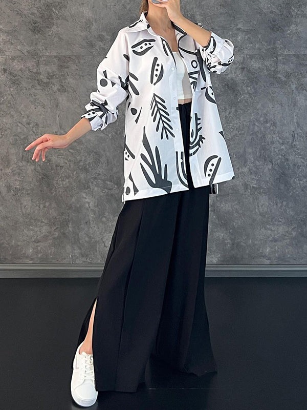 Lapel Printed High-Low Buttoned Pockets Blouse+ High Waisted Elasticity Pleated Split-Side Pants Two Pieces Set