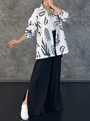 Lapel Printed High-Low Buttoned Pockets Blouse+ High Waisted Elasticity Pleated Split-Side Pants Two Pieces Set