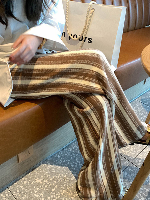 Contrast Color Drawstring Elasticity Split-Joint Striped Loose Wide Leg Trousers Pants