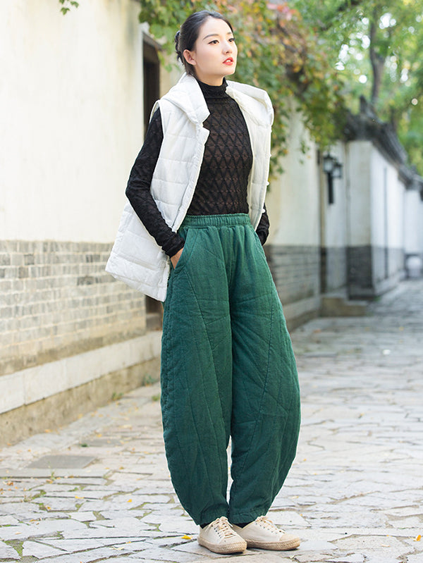 Casual Loose Keep Warm Quilted Solid Color Padded Bloomers Pants