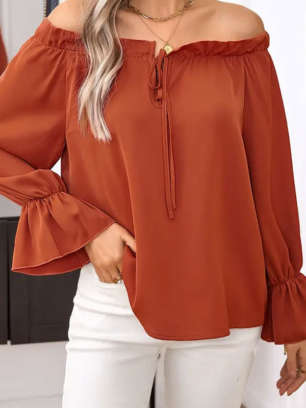Drawstring Elasticity Pleated Solid Color Flared Sleeves Long Sleeves Off-the-shoulder Blouses&shirts Tops