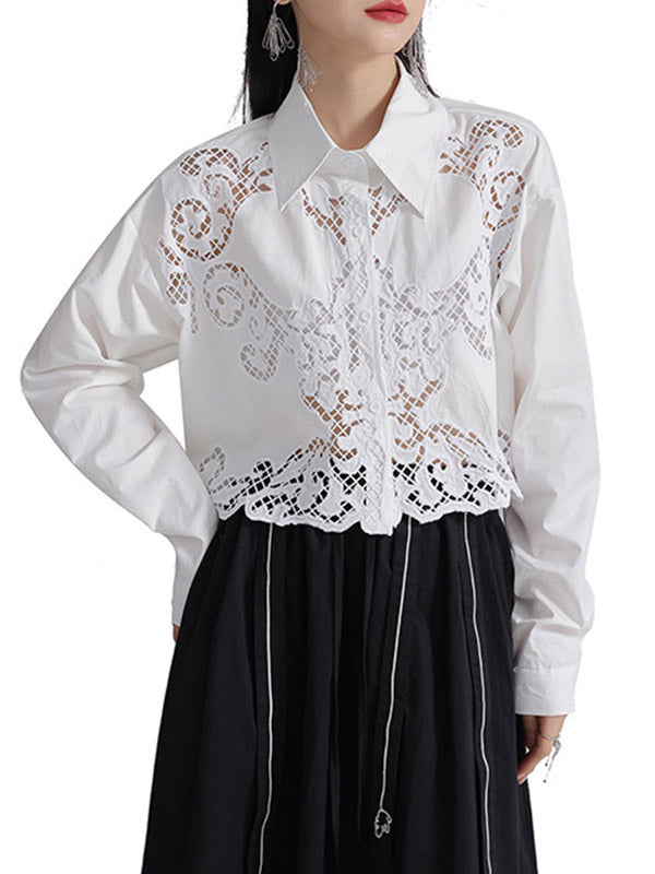 Buttoned Hollow Solid Color Long Sleeves Loose Lapel Blouses&Shirts Tops