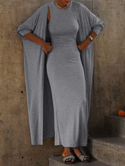 Solid Color Long Sleeves Round-Neck Inner Dress + Bodycon Outerwear Two Pieces Set