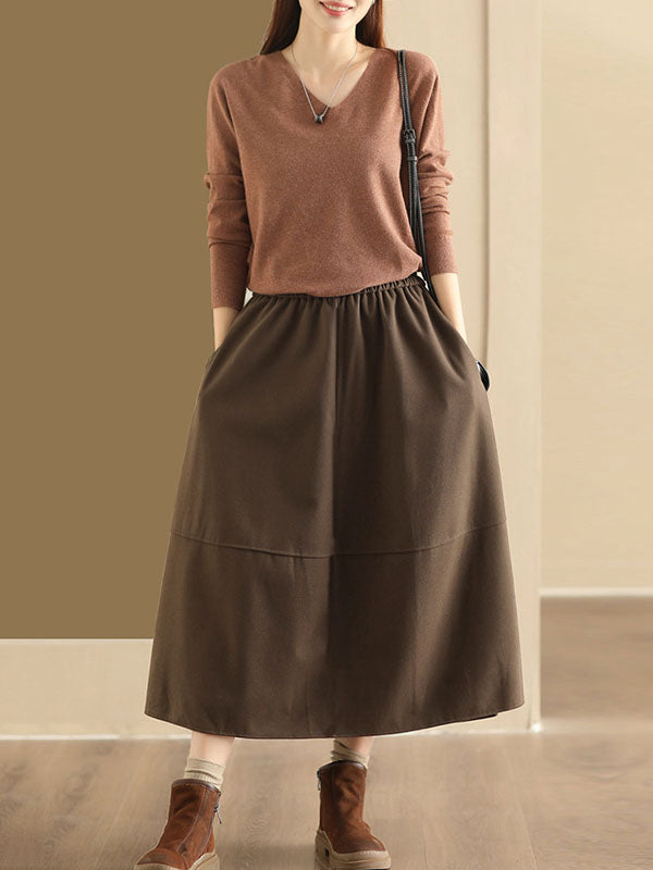 Elasticity Pockets Solid Color A-Line Loose Skirts Bottoms