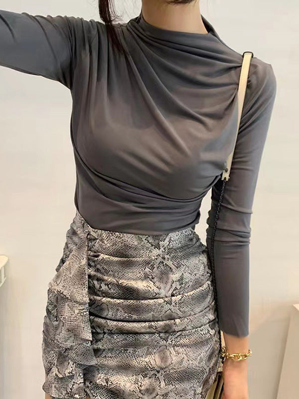 Pleated Solid Color Long Sleeves Skinny Mock Neck T-Shirts Tops