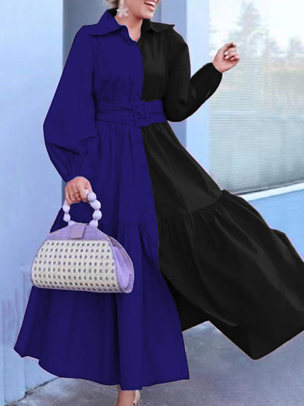 Loose Puff Sleeves Contrast Color Pleated Split-Joint Tied Waist Lapel Midi Dresses