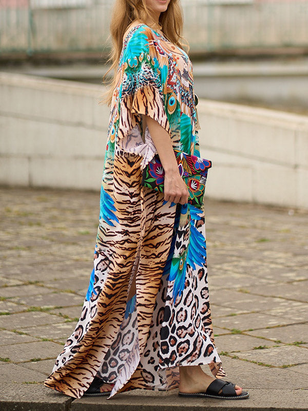 Leopard Split-side Tiger Skin Pattern Batwing Sleeves Loose V-neck Maxi Dresses Beach Cover-Up
