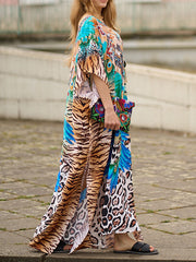 Leopard Split-side Tiger Skin Pattern Batwing Sleeves Loose V-neck Maxi Dresses Beach Cover-Up