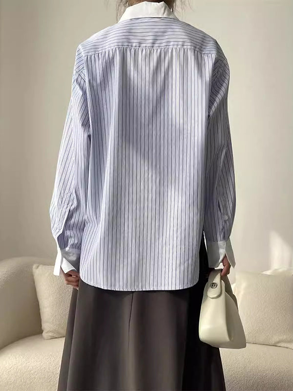 Pleated Split-Joint Striped Irregular Clipping Lapel Blouses