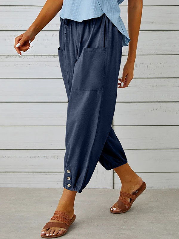 Buttoned Drawstring Elasticity Pockets Split-Joint High Waisted Loose Trousers Ninth Pants
