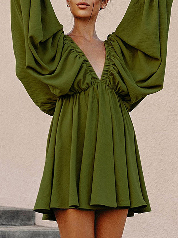 Elasticity Solid Color V-back Long Sleeves Loose Deep V-Neck Mini Dresses
