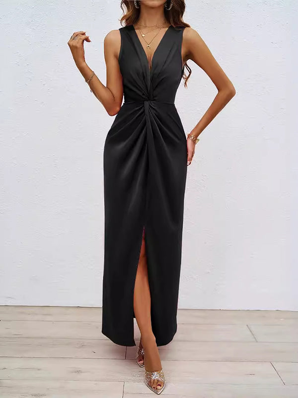 Pleated Split-front Split-Joint Loose Sleeveless V-neck Maxi Dresses