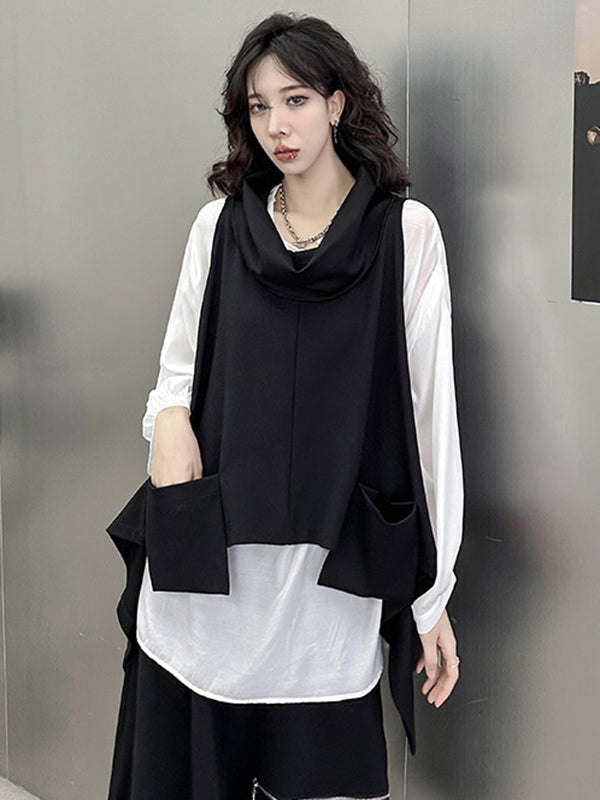 Pockets Solid Color Irregularity Loose Heaps Collar Vest Top T-Shirts