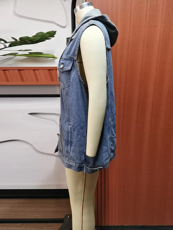 Buttoned Detachable Drawstring Hooded Pockets Split-Joint Loose Sleeveless Polo Vest Outerwear
