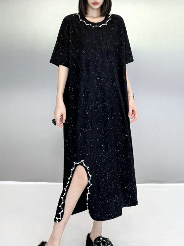 Asymmetric Beaded Shiny Split-Joint Loose Short Sleeves Round-neck Midi Dresses
