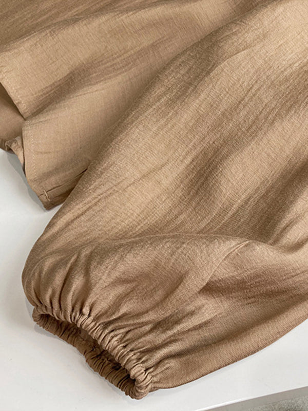 Casual Loose Solid Color Puff Sleeves Blouse&Wide Leg Shorts Two Pieces Set