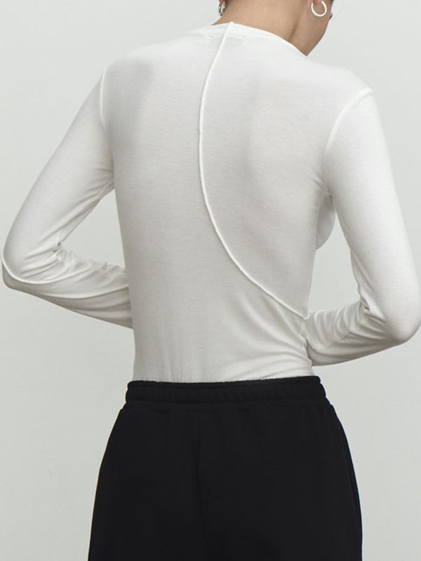Asymmetric Solid Color Long Sleeves Skinny Mock Neck T-Shirts Tops