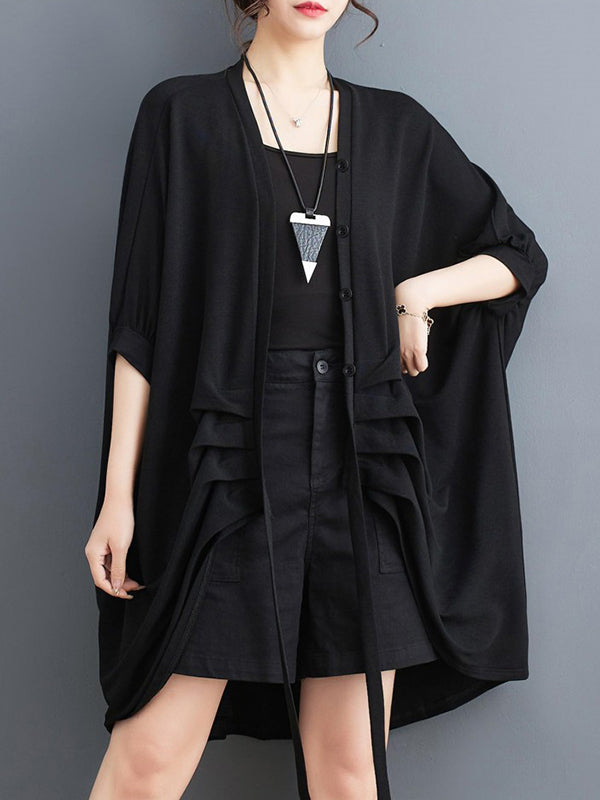 Drawstring Solid Color Half Sleeves Irregular Clipping V-Neck Outerwear