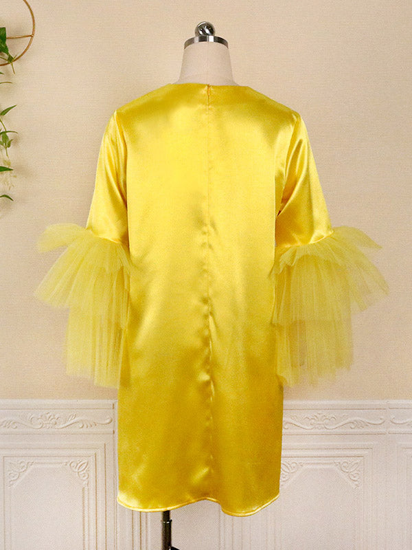 Shiny Solid Color Split-Joint Tulle Half Sleeves Loose Round-Neck Mini Dresses